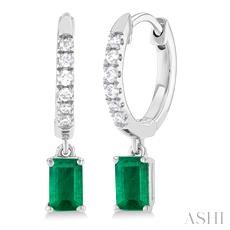 Gemstone & Petite Diamond Huggie Fashion Earrings
1/8 ctw Petite 5x3 MM Emerald Drop and Round Cut Diamond Precious Fashion Huggies in 10K White Gold